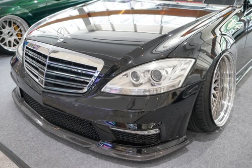 Mercedes Benz Repair in Vacaville, CA with Motoring Specialists. Image of a black Mercedes-Benz S-Class parked in the shop after Mercedes Airmatic suspension repair.