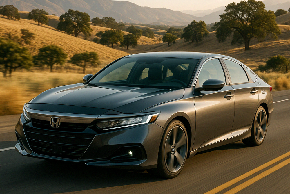 honda repair, european auto repair in Vacaville, CA at Motoring Specialists. Honda sedan driving on a scenic rural road with golden hills and trees in the background, showcasing smooth performance and modern design.
