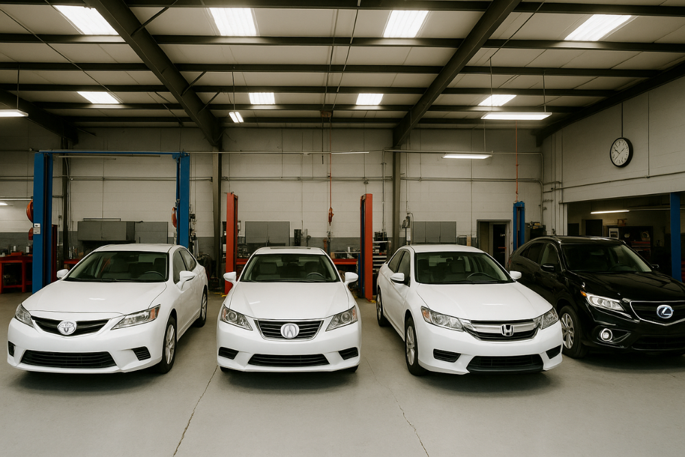 Asian auto repair, european auto repair in Vacaville, CA at Motoring Specialists. Lineup of import vehicles including Toyota, Acura, Honda, and Lexus parked inside a clean, professional auto repair shop.