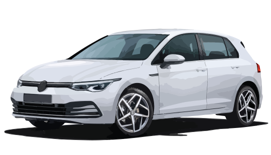 White Volkswagen hatchback with sporty design