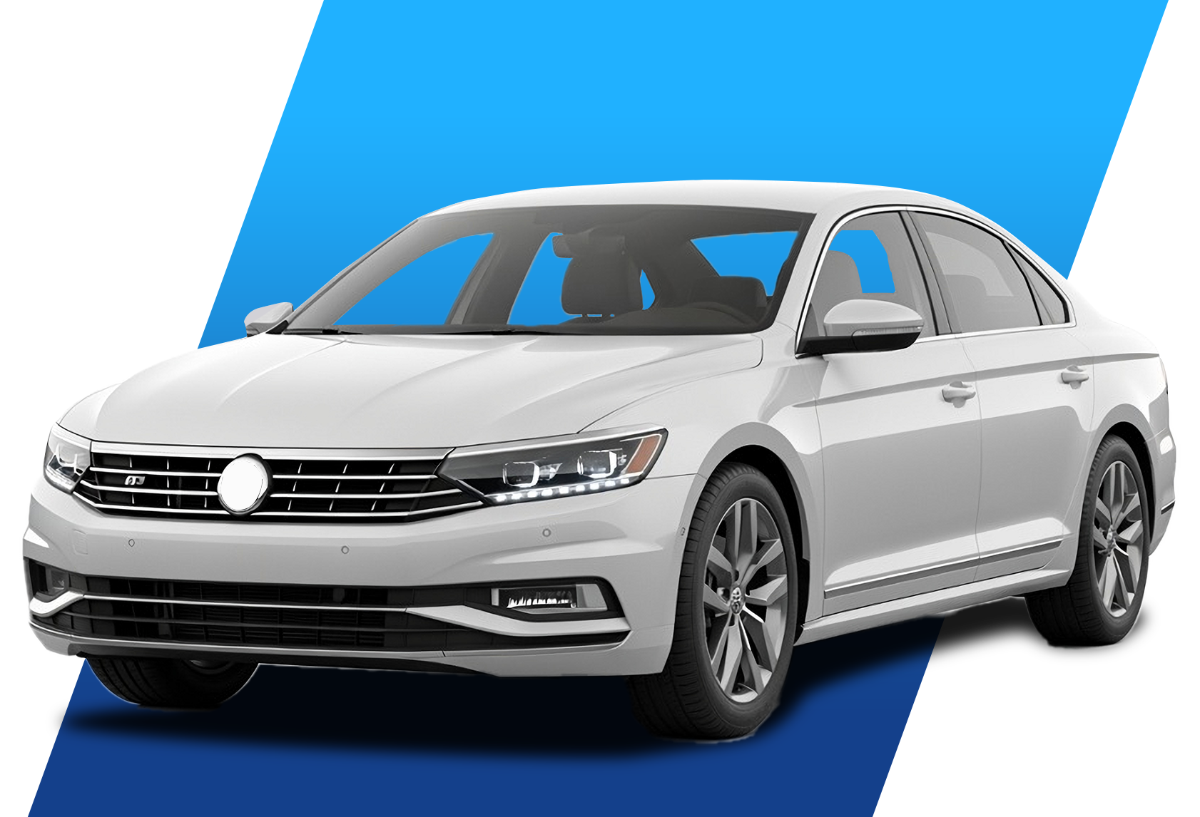 Sleek white Volkswagen sedan on blue